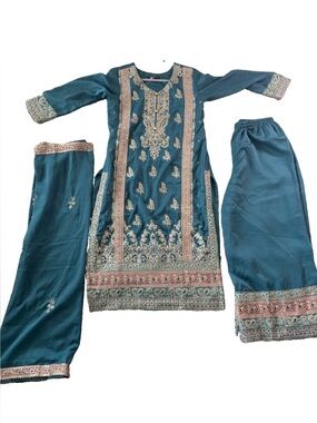 Mirraw Teal Silk Blend Palazzo Suit w/ Intricate Gold & Pink Embroidery L (40)